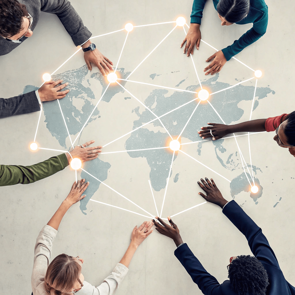 Abstract network graphic representing the interconnected Tr1f3cta Innovation Hub community.