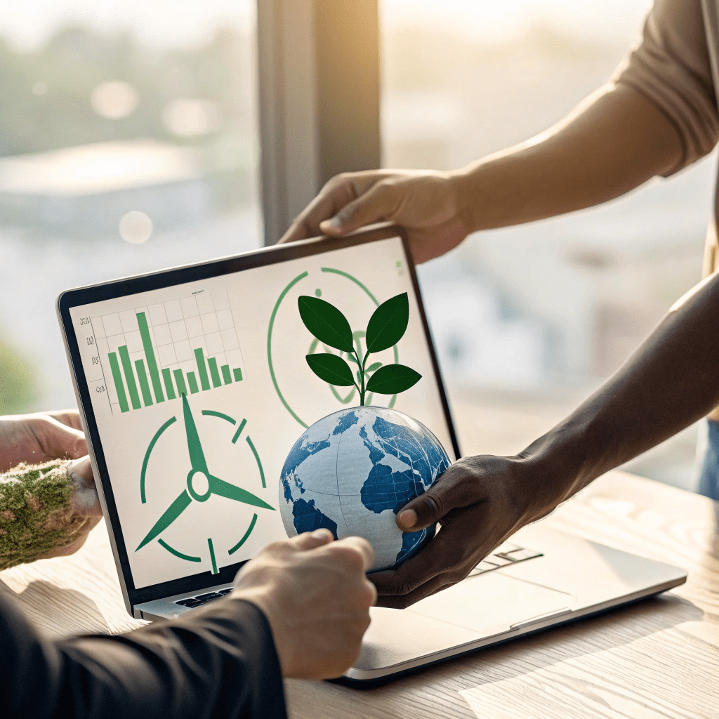 a-graphic-or-photo-depicting-collaboration-towards 2 Illustration of collaborative partnership focused on achieving sustainability goals through technology.