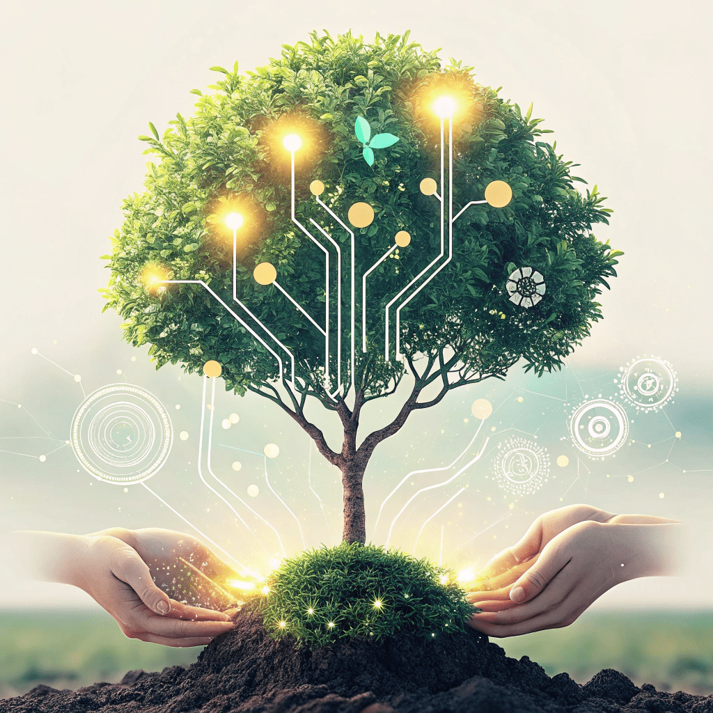 a-modern--stylized-graphic-that-visually-transitio Illustration of a seedling growing into a digital tree, symbolizing Tr1f3cta's story of fueling digital growth for startups.