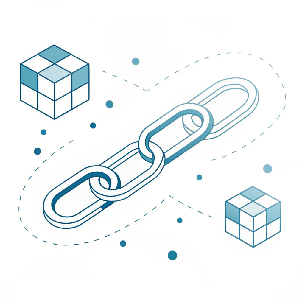 Abstract illustration showing a chain and data blocks, representing blockchain for supply chain tracking.