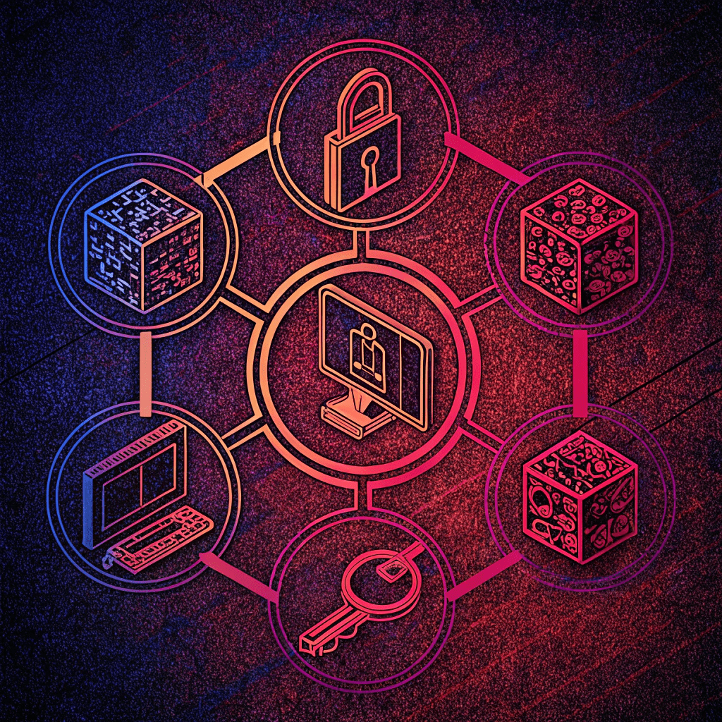 abstract-digital-illustration-representing-foundat bstract icons representing core Web3 technologies including blockchain blocks, smart contract logic, and digital tokens.