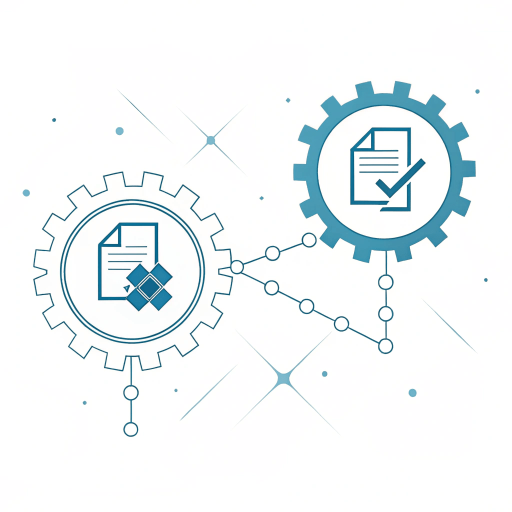 Abstract illustration of two entities connected by a digital contract symbol, representing a smart contract.