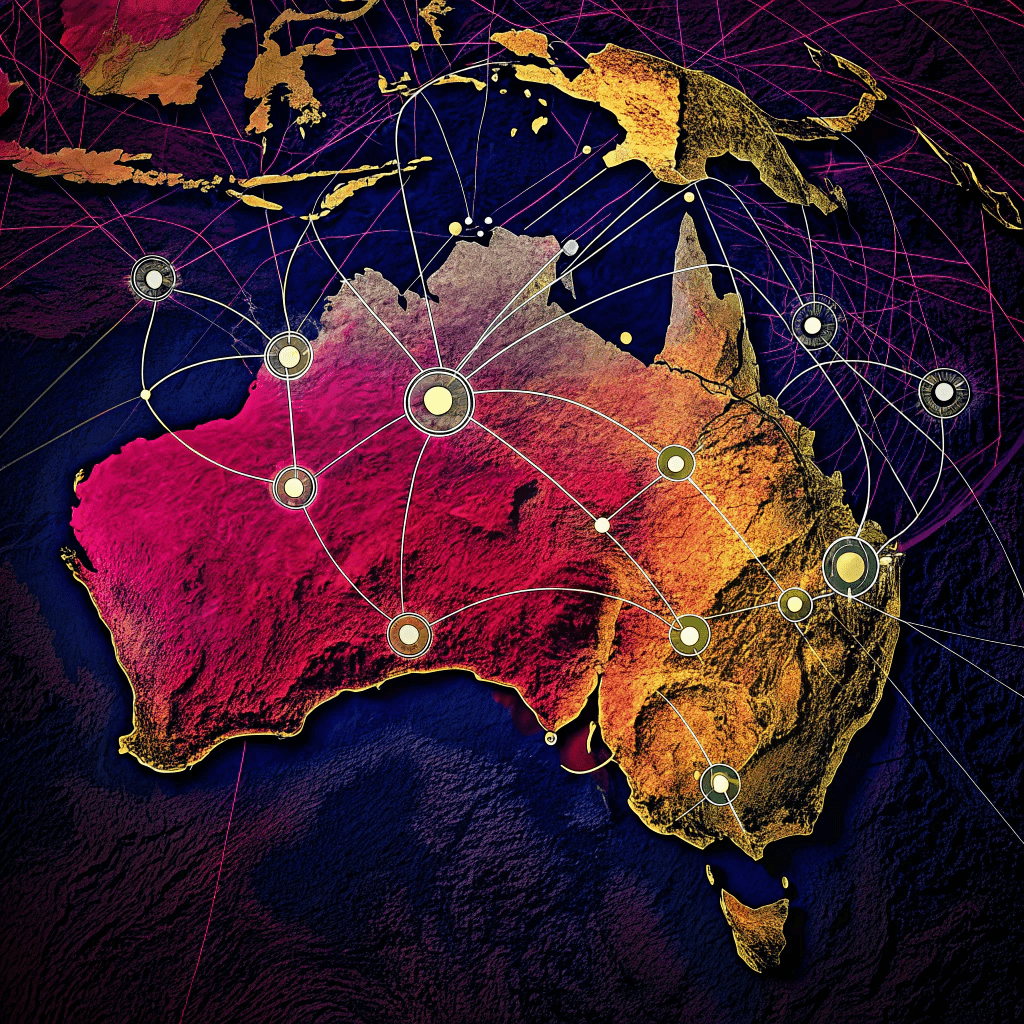 abstract-digital-illustration-representing-the-aus Abstract digital illustration of the Australian continent overlaid with a network of glowing connections, symbolizing Web3 activity in Australia.