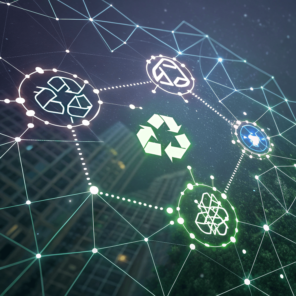 Abstract illustration showing technology, community, and waste reduction connected within a digital network.