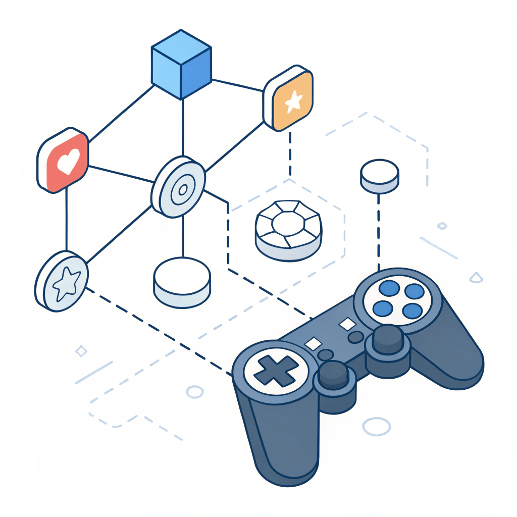 Abstract illustration of a game controller integrated with digital asset icons, representing Web3 gaming.