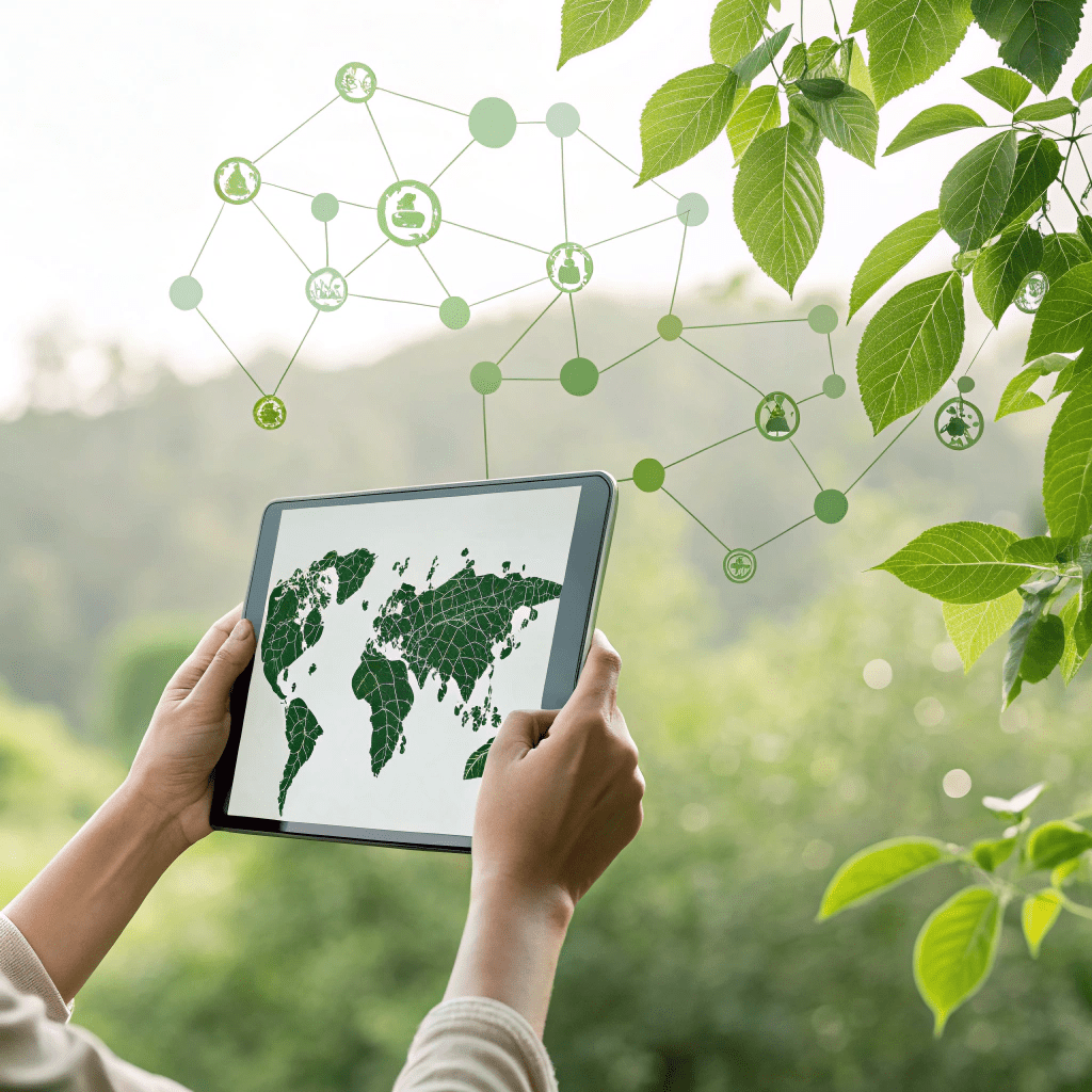 an-image-blending-nature-community-with-technology 2 Graphic illustrating technology being used to foster environmental sustainability and community impact."
