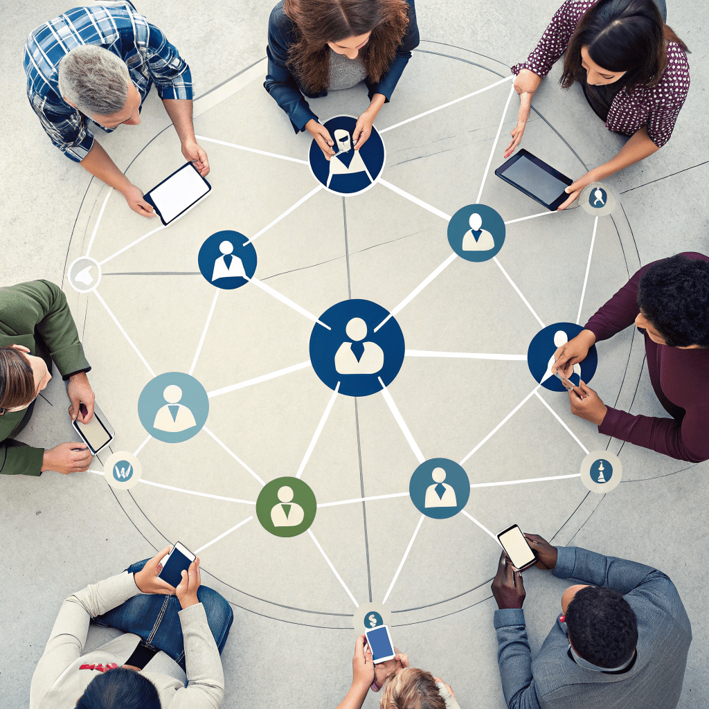 graphic-showing-interconnected-people-or-community 2 Icon illustrating digital platforms connecting communities for sustainability projects.