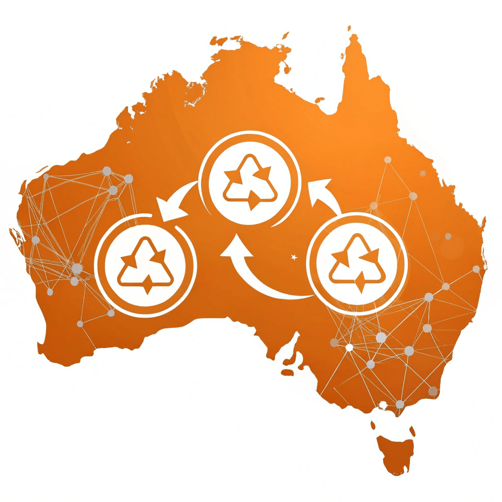 abstract-digital-illustration-representing-austral Abstract illustration of Australia integrated with circular economy symbols.